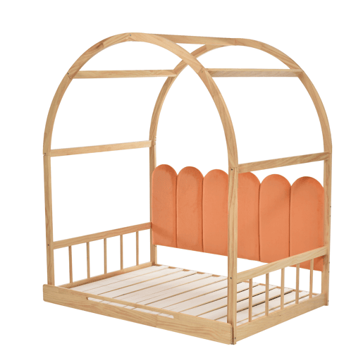 Cama infantil extensível 140x200 cm - com dossel arqueado, gaveta deslizante e almofadas de veludo - Natural e Laranja