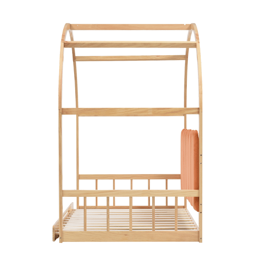 Cama infantil extensível 140x200 cm - com dossel arqueado, gaveta deslizante e almofadas de veludo - Natural e Laranja