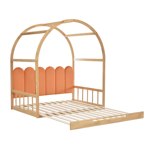 Cama infantil extensível 140x200 cm - com dossel arqueado, gaveta deslizante e almofadas de veludo - Natural e Laranja