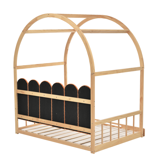 Cama infantil extensível 140x200 cm - com dossel arqueado, gaveta deslizante e almofadas de veludo - Natural e Laranja