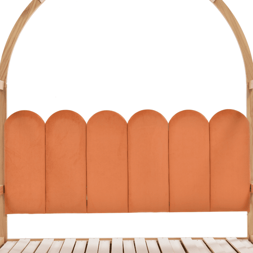Cama infantil extensível 140x200 cm - com dossel arqueado, gaveta deslizante e almofadas de veludo - Natural e Laranja