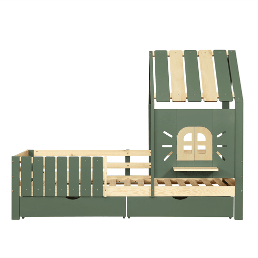 Cama infantil 90x200cm - com teto e janela, com banco de madeira, cerca de 4 lados, 2 gavetas - verde+natural Cama infantil 90x200cm - com teto e janela, com banco de madeira, cerca de 4 lados, 2 gavetas - verde+natural
