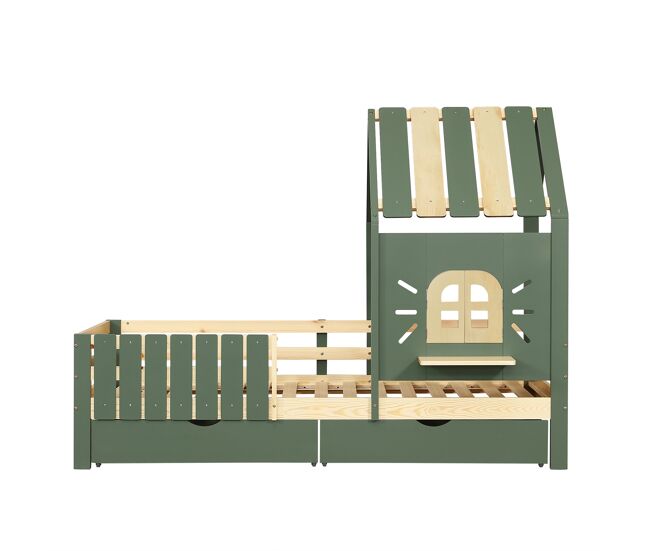 Cama infantil 90x200cm - con techo y ventana, con bancada de madera, valla de 4 lados, 2 cajones - verde+natural