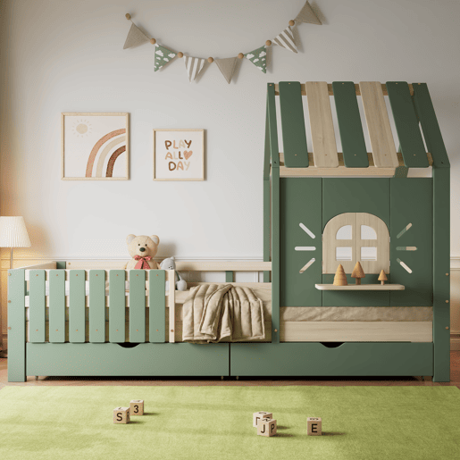 Cama infantil 90x200cm - com teto e janela, com banco de madeira, cerca de 4 lados, 2 gavetas - verde+natural Cama infantil 90x200cm - com teto e janela, com banco de madeira, cerca de 4 lados, 2 gavetas - verde+natural