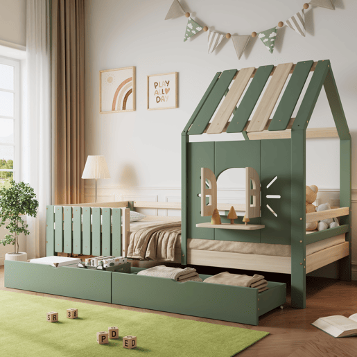 Cama infantil 90x200cm - com teto e janela, com banco de madeira, cerca de 4 lados, 2 gavetas - verde+natural Cama infantil 90x200cm - com teto e janela, com banco de madeira, cerca de 4 lados, 2 gavetas - verde+natural