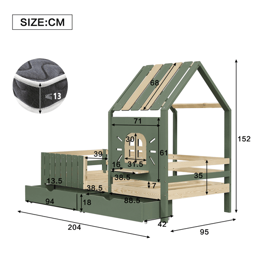 Cama infantil 90x200cm - com teto e janela, com banco de madeira, cerca de 4 lados, 2 gavetas - verde+natural Cama infantil 90x200cm - com teto e janela, com banco de madeira, cerca de 4 lados, 2 gavetas - verde+natural