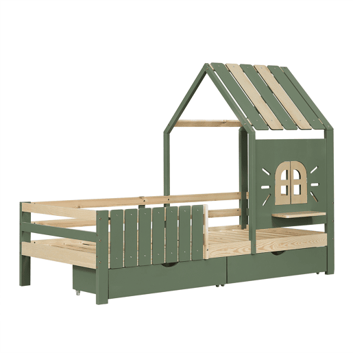 Cama infantil 90x200cm - com teto e janela, com banco de madeira, cerca de 4 lados, 2 gavetas - verde+natural Cama infantil 90x200cm - com teto e janela, com banco de madeira, cerca de 4 lados, 2 gavetas - verde+natural