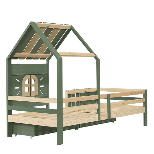 Cama infantil 90x200cm - com teto e janela, com banco de madeira, cerca de 4 lados, 2 gavetas - verde+natural Cama infantil 90x200cm - com teto e janela, com banco de madeira, cerca de 4 lados, 2 gavetas - verde+natural