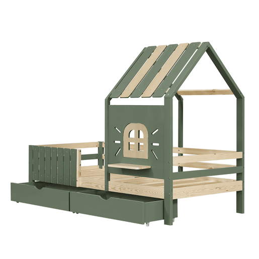 Cama infantil 90x200cm - com teto e janela, com banco de madeira, cerca de 4 lados, 2 gavetas - verde+natural Cama infantil 90x200cm - com teto e janela, com banco de madeira, cerca de 4 lados, 2 gavetas - verde+natural