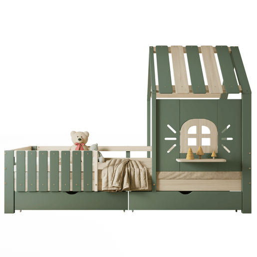 Cama infantil 90x200cm - com teto e janela, com banco de madeira, cerca de 4 lados, 2 gavetas - verde+natural Cama infantil 90x200cm - com teto e janela, com banco de madeira, cerca de 4 lados, 2 gavetas - verde+natural