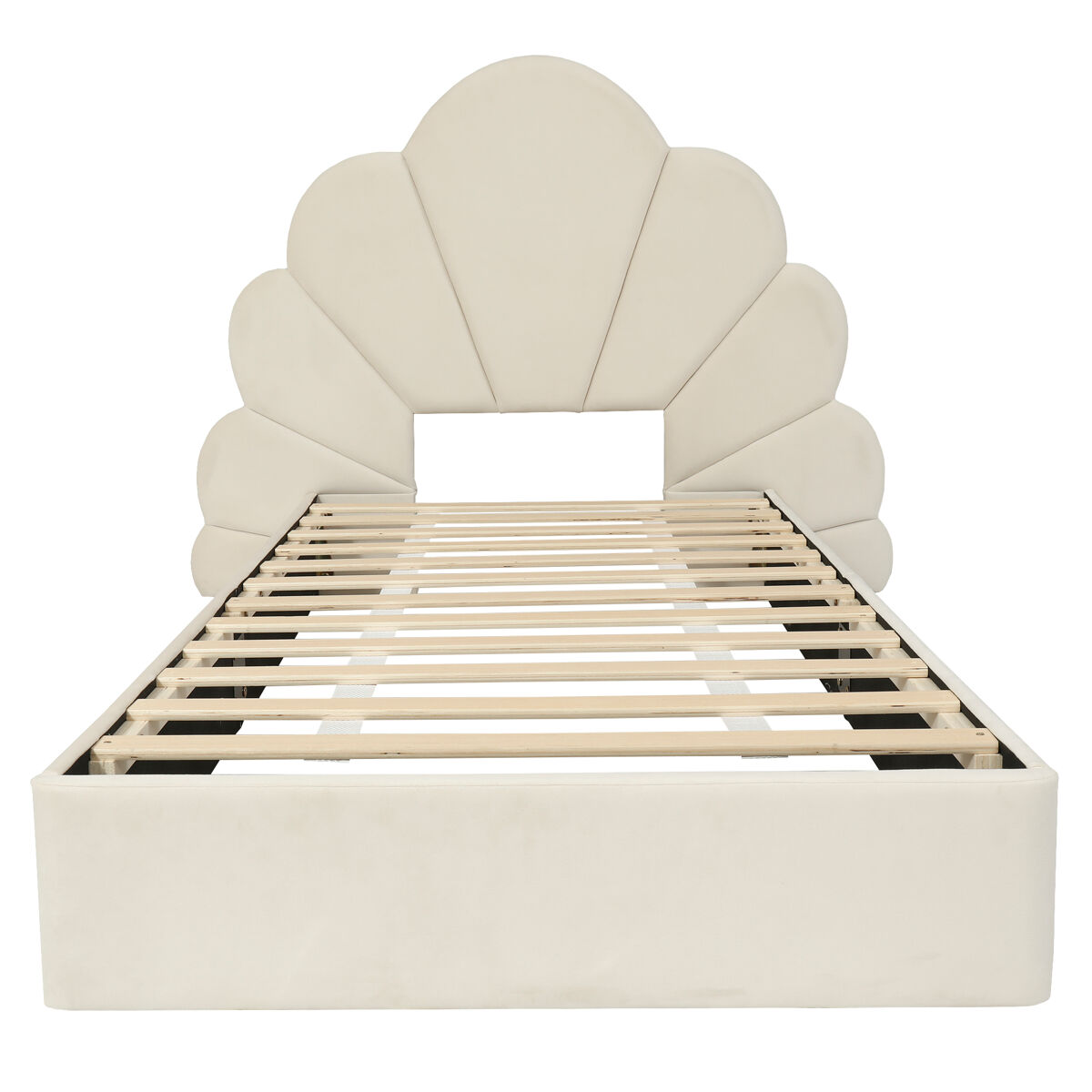 Cama individual 90x200 - cabecero con pétalos curvos, estilo moderno, cómodo, terciopelo - beige