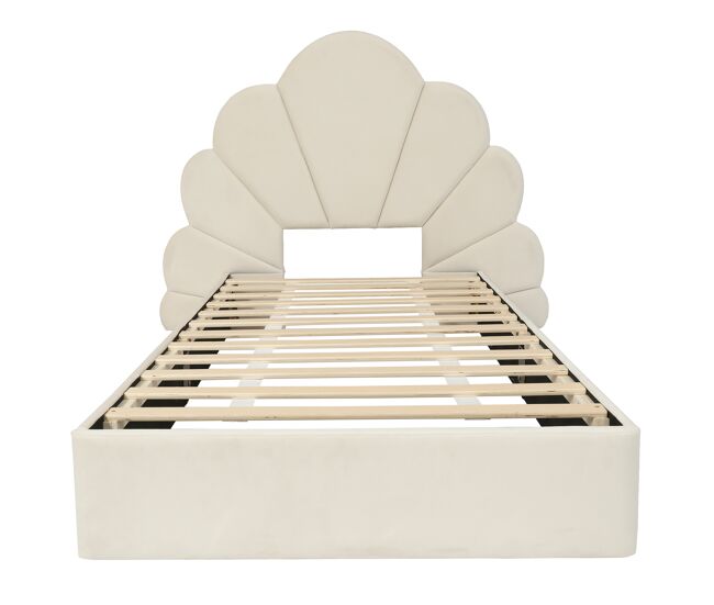 Cama individual 90x200 - cabecero con pétalos curvos, estilo moderno, cómodo, terciopelo - beige