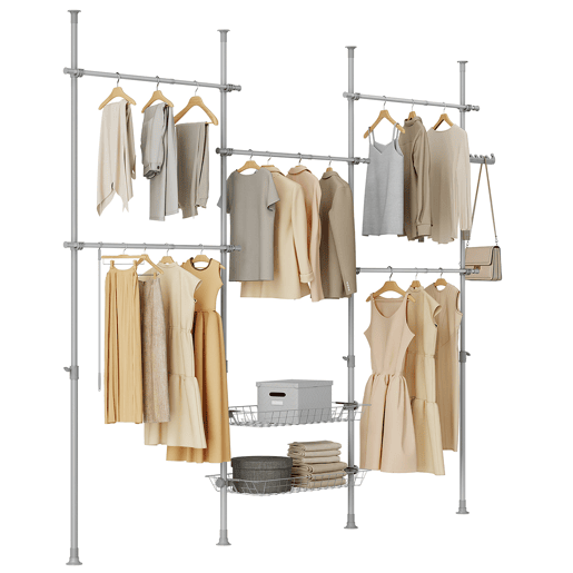 SoBuy Cabide Telescópico Resistente - Roupeiro Aberto Ajustável com Varões e Prateleiras para QuartoVestiário, Cinza, KLS04-II-HG