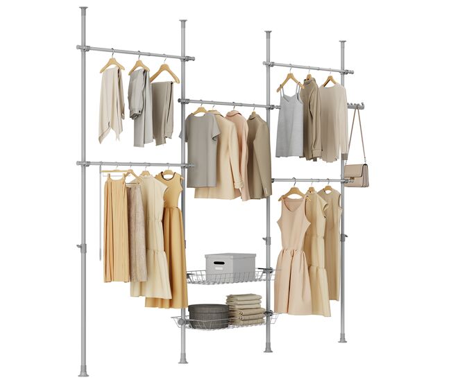 Sobuy perchero telescópico resistente - armario abierto ajustable con barras y estantes para dormitorio/vestidor, gris, kls04-ii-hg