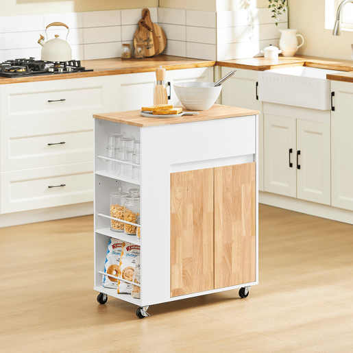 SoBuy Carrito de Cocina con Ruedas - Armario de Cocina con Encimera de Madera de Caucho, 70 x 40 x 90 cm, Blanco, FKW132-WN