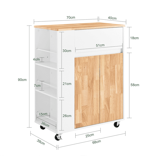 SoBuy Carrito de Cocina con Ruedas - Armario de Cocina con Encimera de Madera de Caucho, 70 x 40 x 90 cm, Blanco, FKW132-WN