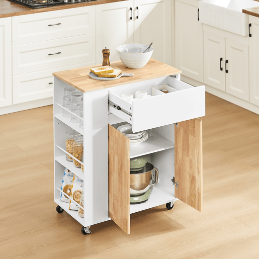 SoBuy Carrito de Cocina con Ruedas - Armario de Cocina con Encimera de Madera de Caucho, 70 x 40 x 90 cm, Blanco, FKW132-WN