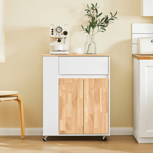 SoBuy Carrito de Cocina con Ruedas - Armario de Cocina con Encimera de Madera de Caucho, 70 x 40 x 90 cm, Blanco, FKW132-WN