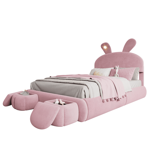 Cama estofada 140x200cm - Cama hidráulica com orelhas de coelho, luz quente ajustável, arrumação - Rosa
