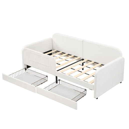 Cama multifuncional 90x200cm - Sofá-cama com 3 bolsos, 2 gavetas, estrutura metálica - Branco