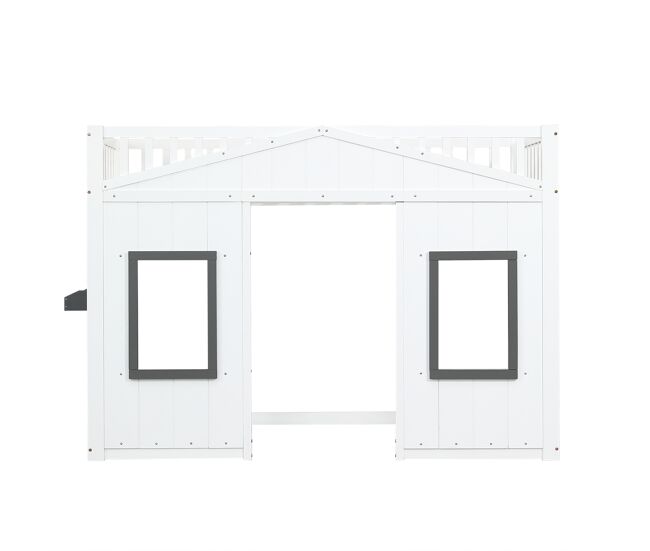 Cama litera 90x200cm - con escalera, protección lateral y ventana - blanca