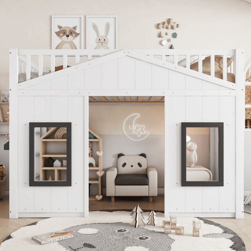 Beliche 90x200 cm - com escada, proteção lateral e janela - branco