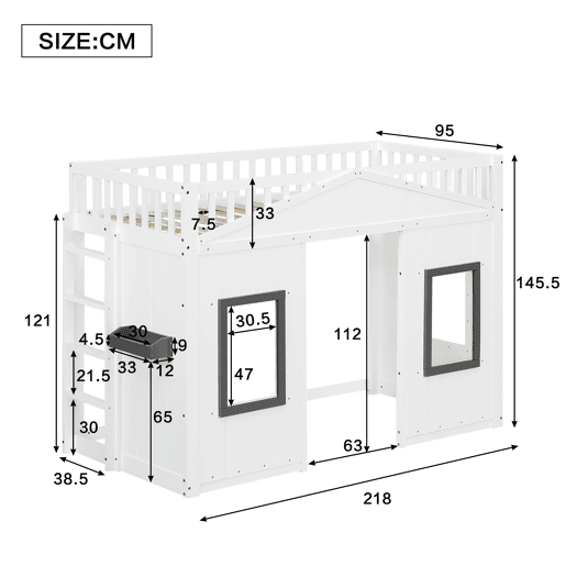 Beliche 90x200 cm - com escada, proteção lateral e janela - branco