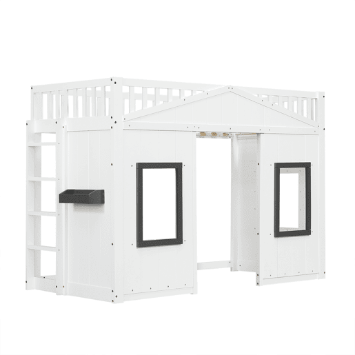 Beliche 90x200 cm - com escada, proteção lateral e janela - branco