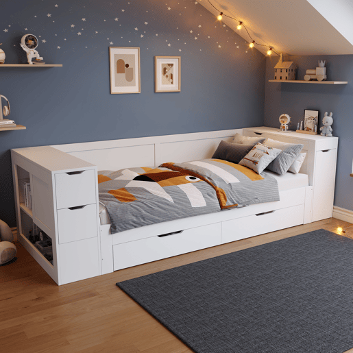 Cama infantil, 90x200 - cama individual multifuncional com gavetas, prateleiras e arrumação, com mesa de cabeceira - branco Cama infantil, 90x200 - cama individual multifuncional com gavetas, prateleiras e arrumação, com mesa de cabeceira - branco