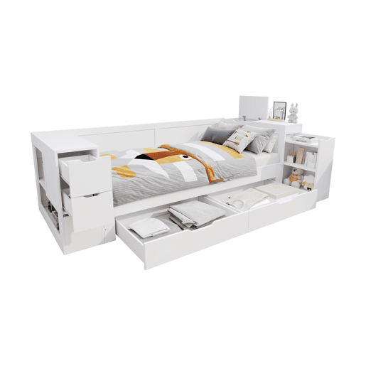 Cama infantil, 90x200 - cama individual multifuncional com gavetas, prateleiras e arrumação, com mesa de cabeceira - branco Cama infantil, 90x200 - cama individual multifuncional com gavetas, prateleiras e arrumação, com mesa de cabeceira - branco