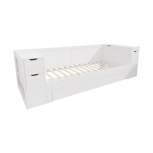 Cama infantil, 90x200 - cama individual multifuncional com gavetas, prateleiras e arrumação, com mesa de cabeceira - branco Cama infantil, 90x200 - cama individual multifuncional com gavetas, prateleiras e arrumação, com mesa de cabeceira - branco