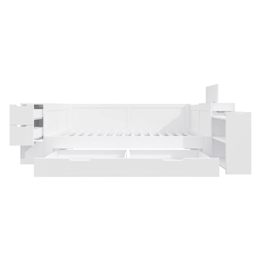 Cama infantil, 90x200 - cama individual multifuncional com gavetas, prateleiras e arrumação, com mesa de cabeceira - branco Cama infantil, 90x200 - cama individual multifuncional com gavetas, prateleiras e arrumação, com mesa de cabeceira - branco