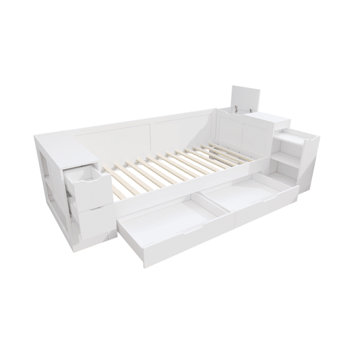 Cama infantil, 90x200 - cama individual multifuncional com gavetas, prateleiras e arrumação, com mesa de cabeceira - branco Cama infantil, 90x200 - cama individual multifuncional com gavetas, prateleiras e arrumação, com mesa de cabeceira - branco