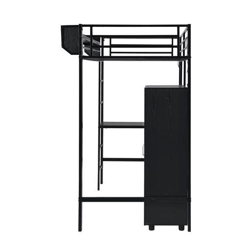 Beliche 90x200cm - Com mesa e armário, com 5 degraus, estrutura de metal e painel de aglomerado - Preto