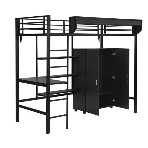 Beliche 90x200cm - Com mesa e armário, com 5 degraus, estrutura de metal e painel de aglomerado - Preto