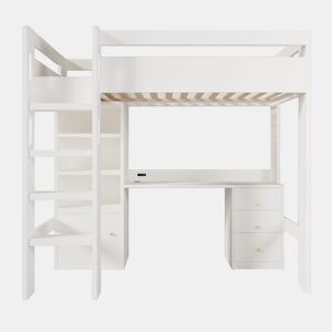 Cama infantil loft 90x200 - com secretária USB-C, armário, gaveteiro, escada, estrado e arrumação - sem colchão