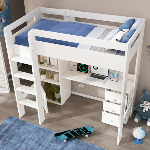 Cama infantil loft 90x200 - com secretária USB-C, armário, gaveteiro, escada, estrado e arrumação - sem colchão