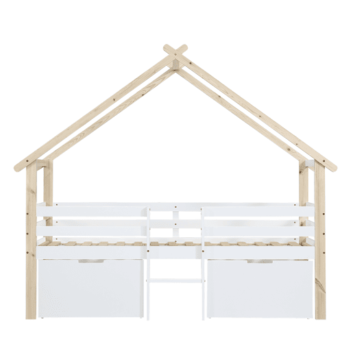 Cama infantil 90x200cm - Cama tipo casa com teto, com grades nas 4 laterais, com escada, 2 compartimentos com rodas - Branco+Natural