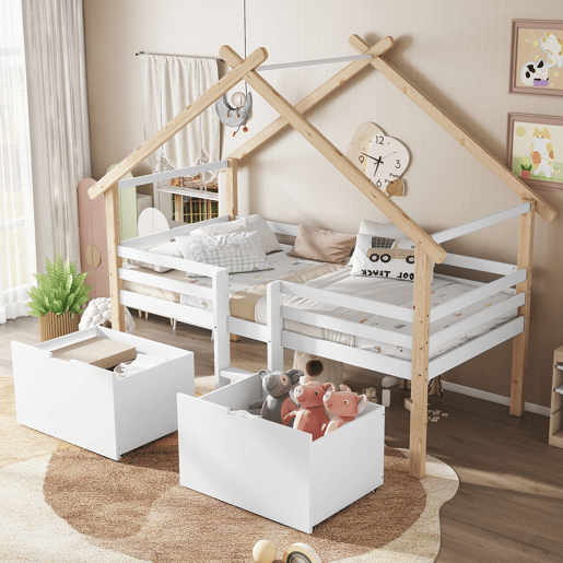 Cama infantil 90x200cm - Cama tipo casa com teto, com grades nas 4 laterais, com escada, 2 compartimentos com rodas - Branco+Natural