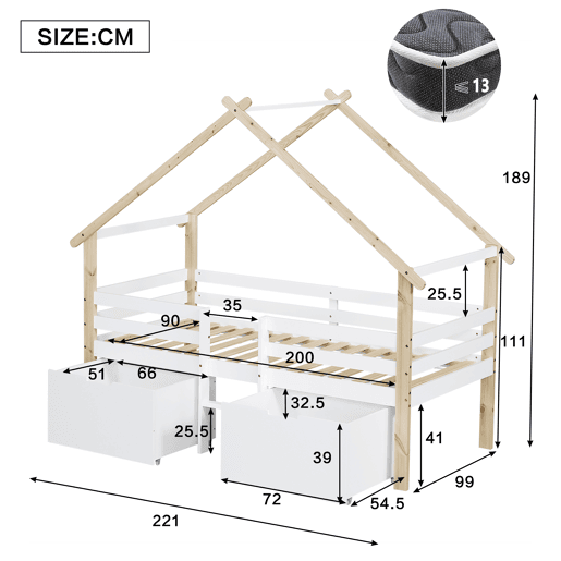 Cama infantil 90x200cm - Cama tipo casa com teto, com grades nas 4 laterais, com escada, 2 compartimentos com rodas - Branco+Natural