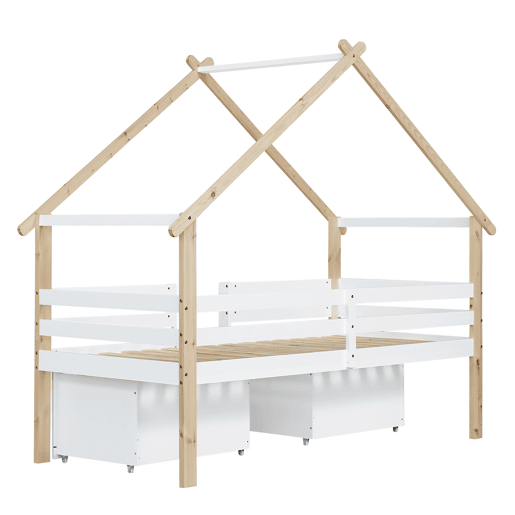 Cama infantil 90x200cm - Cama tipo casa com teto, com grades nas 4 laterais, com escada, 2 compartimentos com rodas - Branco+Natural