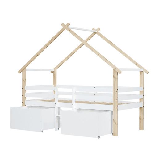 Cama infantil 90x200cm - Cama tipo casa com teto, com grades nas 4 laterais, com escada, 2 compartimentos com rodas - Branco+Natural