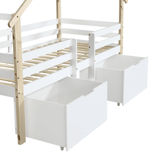 Cama infantil 90x200cm - Cama tipo casa com teto, com grades nas 4 laterais, com escada, 2 compartimentos com rodas - Branco+Natural