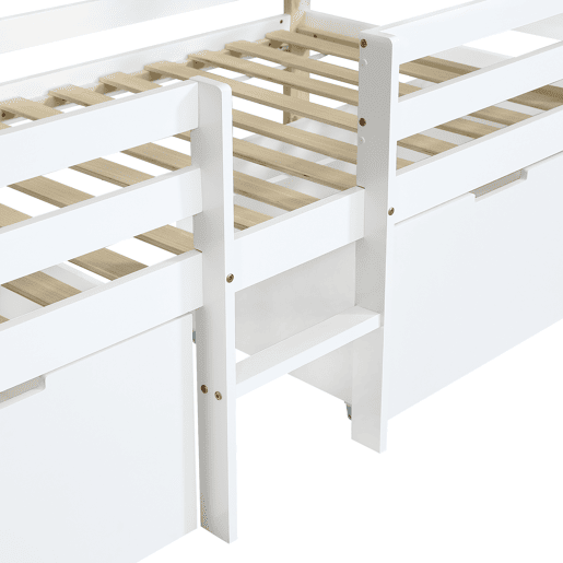 Cama infantil 90x200cm - Cama tipo casa com teto, com grades nas 4 laterais, com escada, 2 compartimentos com rodas - Branco+Natural