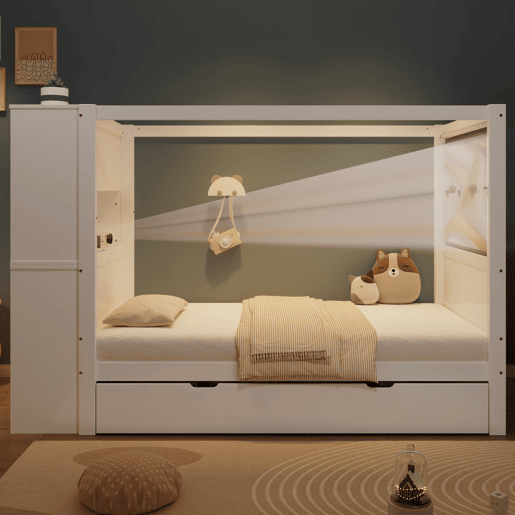 Cama individual 90x200 - Cama infantil com proteção, arrumação com 5 gavetas e rodízios - Branco+Natural