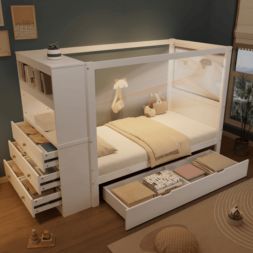 Cama individual 90x200 - Cama infantil com proteção, arrumação com 5 gavetas e rodízios - Branco+Natural