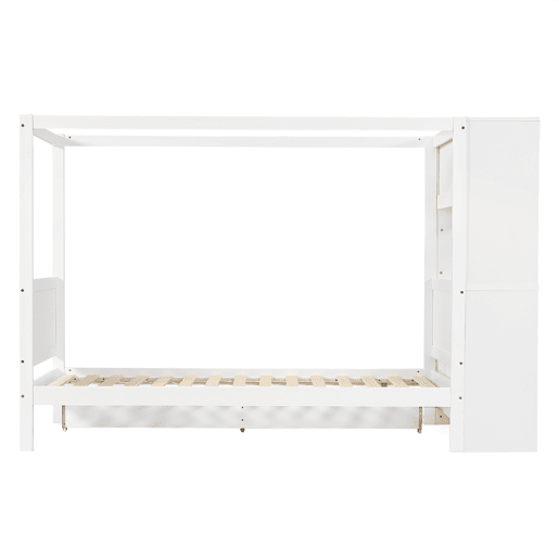 Cama individual 90x200 - Cama infantil com proteção, arrumação com 5 gavetas e rodízios - Branco+Natural