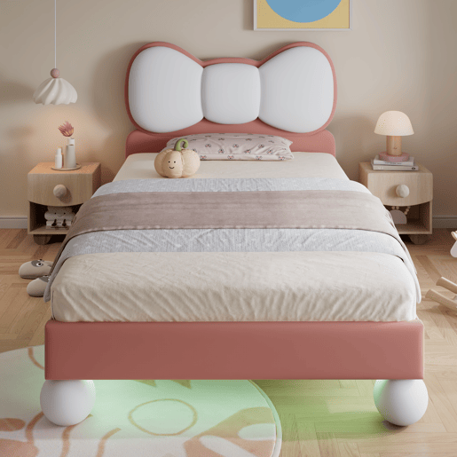 Cama individual 90x200 - Cabeceira em forma de laço, LED ajustável, estrutura estável, design elegante - Bege + Rosa