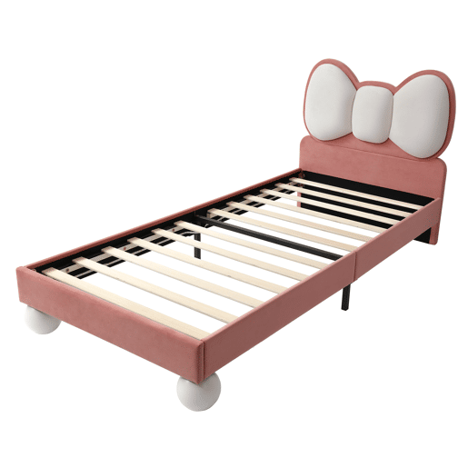 Cama individual 90x200 - Cabeceira em forma de laço, LED ajustável, estrutura estável, design elegante - Bege + Rosa