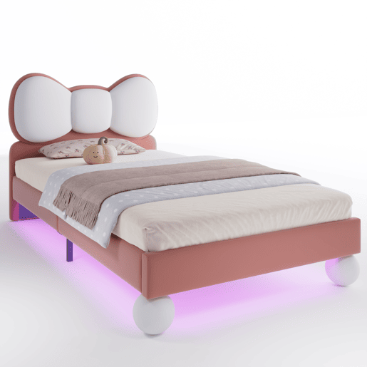 Cama individual 90x200 - Cabeceira em forma de laço, LED ajustável, estrutura estável, design elegante - Bege + Rosa